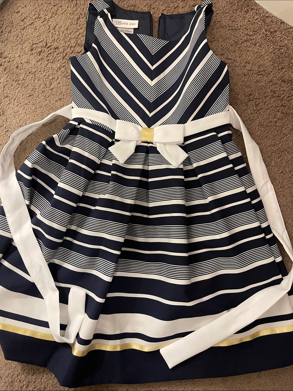 Bonnie Jean Navy, White & Gold Striped Bow Party Dress